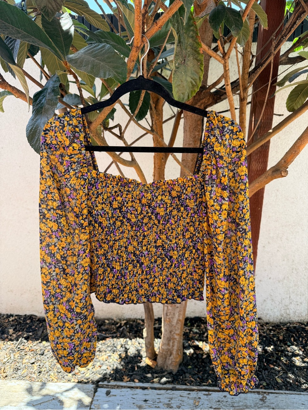 Lulu's Yellow & Purple Smocked Floral Long-Sleeve Crop Top